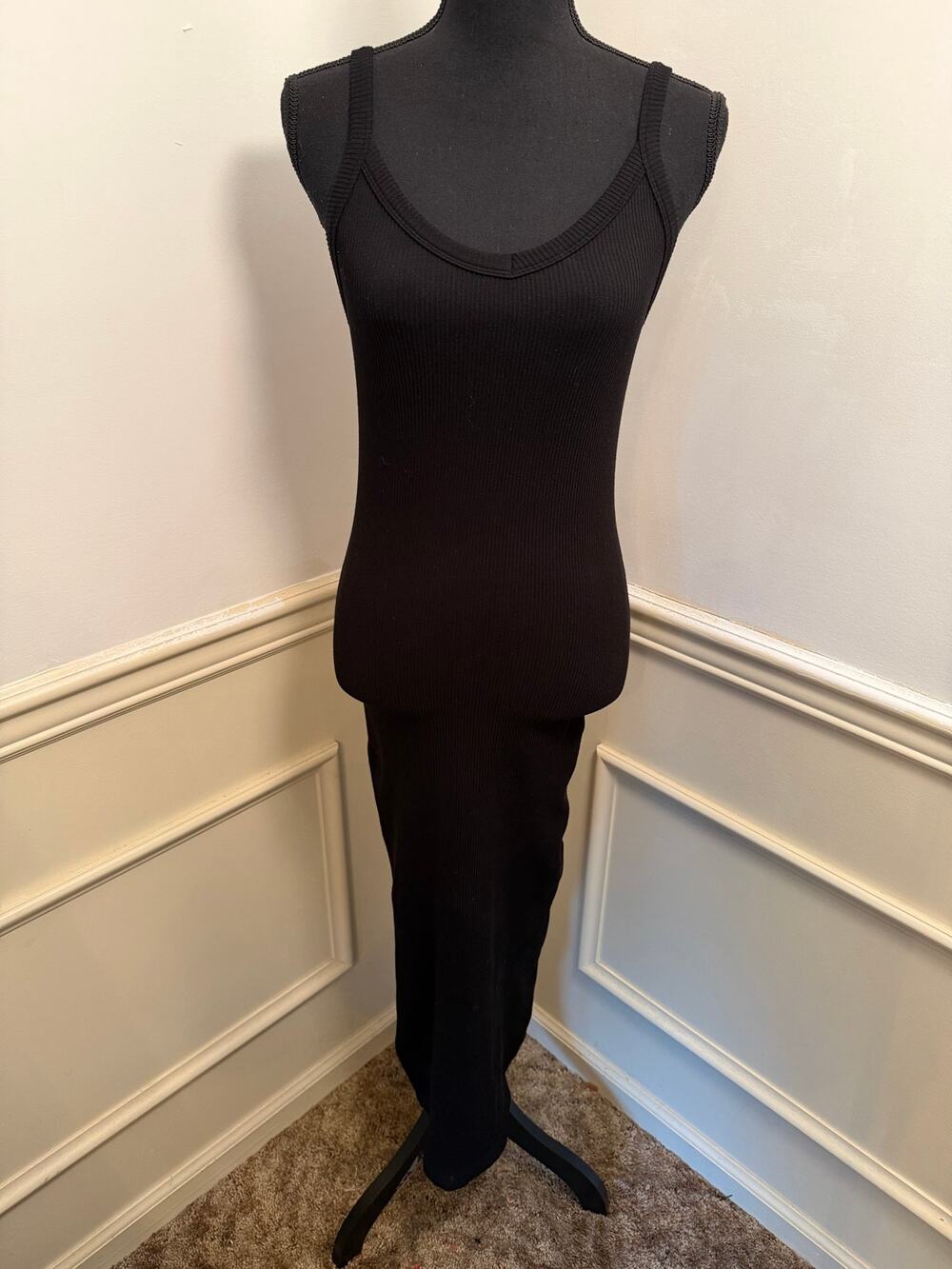 Aqua Black Ribbed Knit V-Neck Bodycon Midi Dress LBD Minimalist Casual Capsule